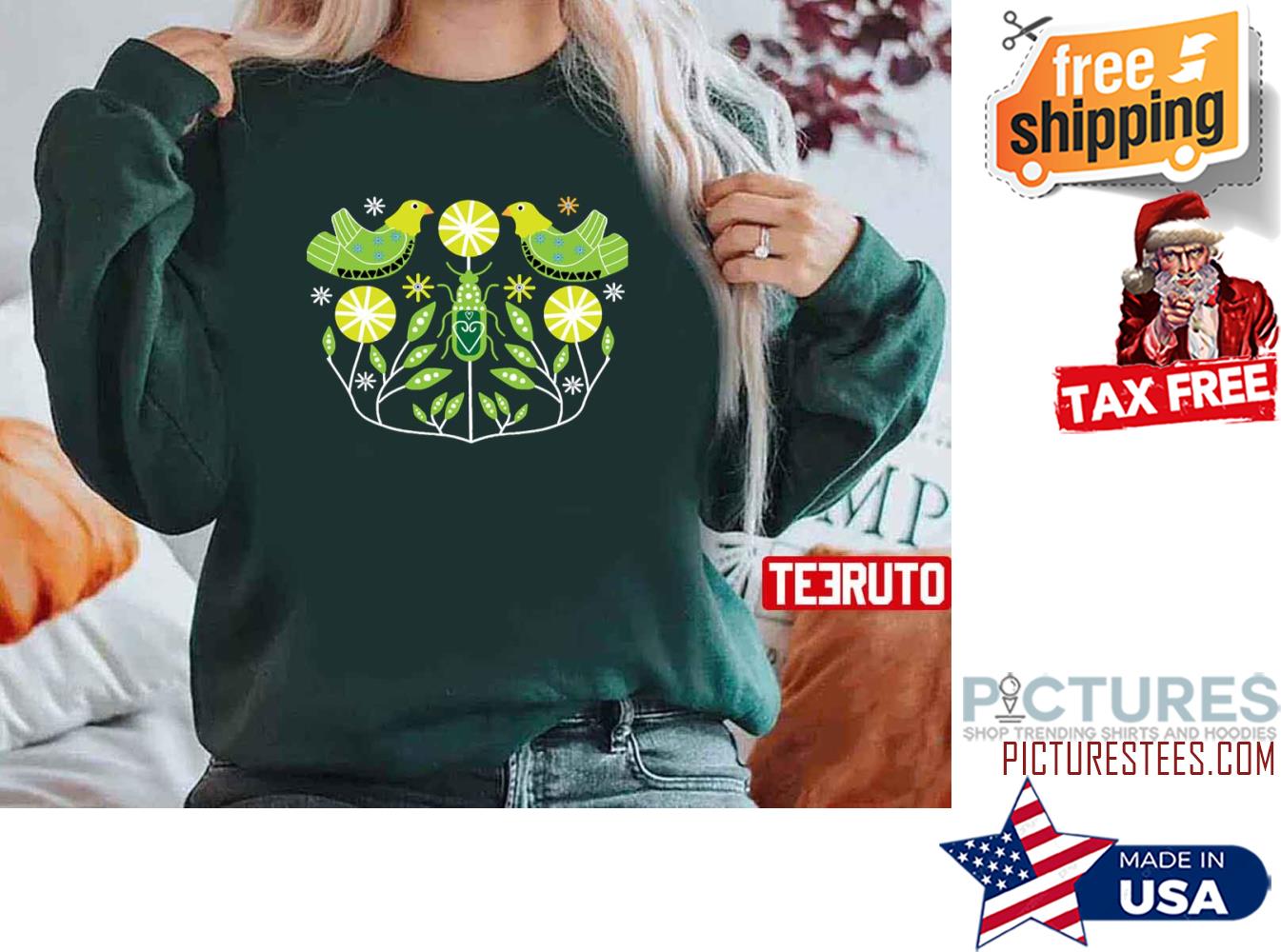 Green Birds Scandinavian Folk Art Nordic Sweatshirt