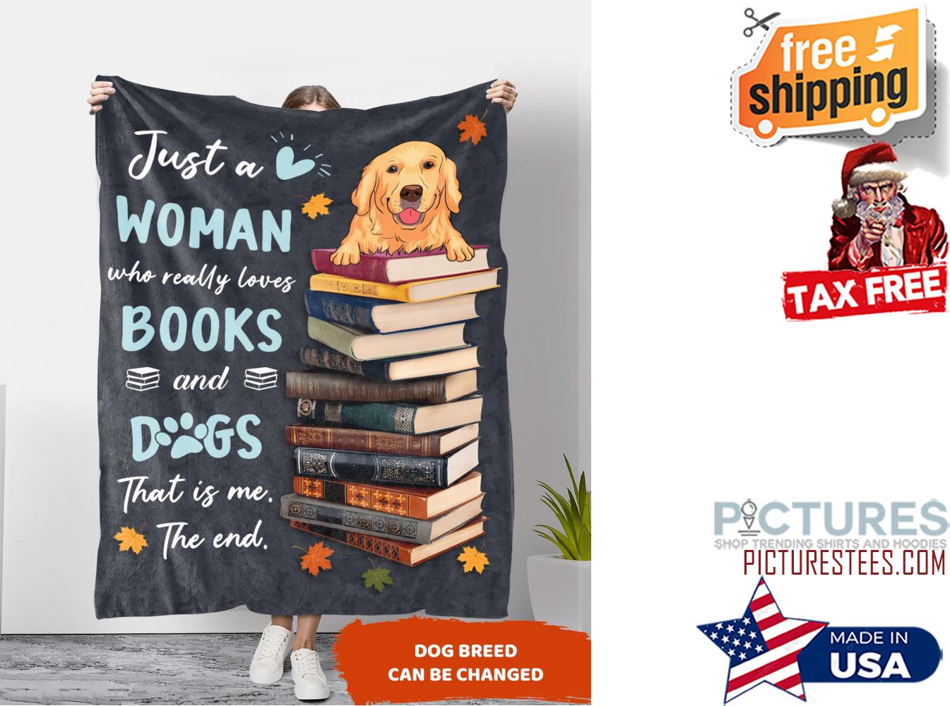 JUST A WOMAN OF BOOKS AND DOGS PERSONALIZED CUSTOM BLANKET