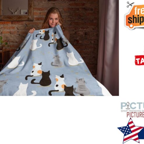 Light Blue Minky With Cute Cat Design Blanket