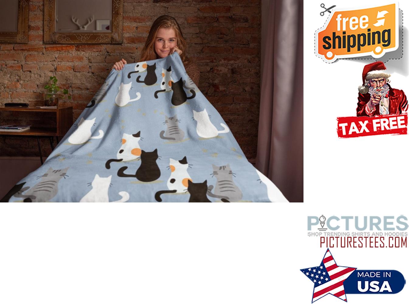Light Blue Minky With Cute Cat Design Blanket