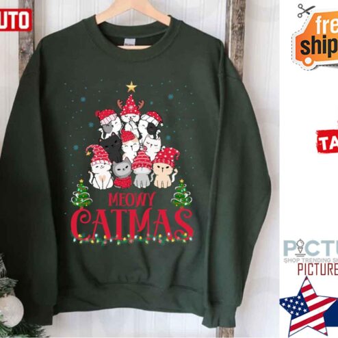 Meowy Catmas Christmask Lights Funny Festive Cat Shirt