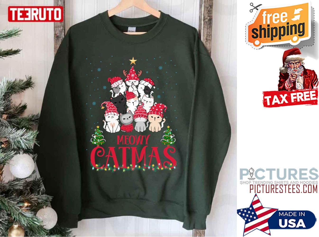 Meowy Catmas Christmask Lights Funny Festive Cat Sweatshirt