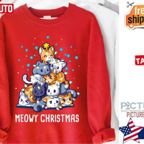 Meowy Christmas Cat Christmas Tree Lights Shirt