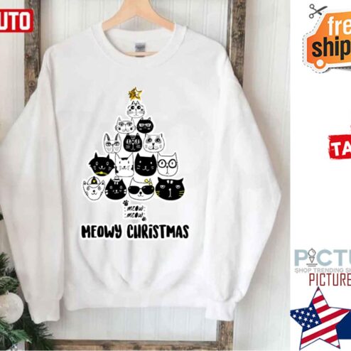 Merry Meowy Christmas Tree Cat Holiday Shirt
