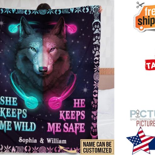 Personalized Wolf Keeps Me Safe Blanket Fleece Blanket
