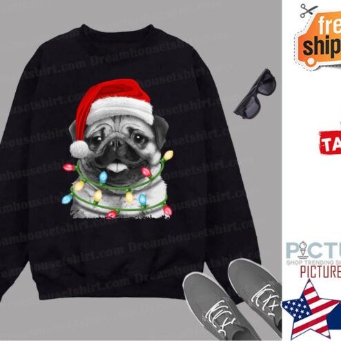 Pug Santa Christmas Tree Lights Xmas Boys Pugmas Dog Dogmas Shirt