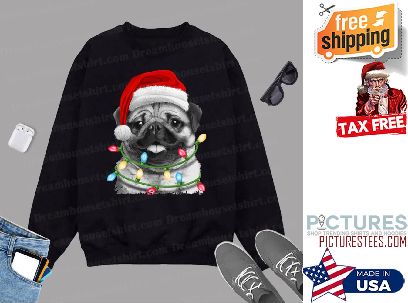 Pug Santa Christmas Tree Lights Xmas Boys Pugmas Dog Dogmas Sweatshirt