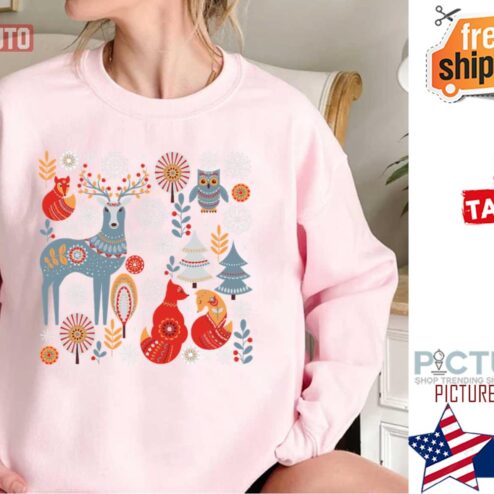 Scandinavian Christmas Pattern Deer Owls Foxes Trees Shirt