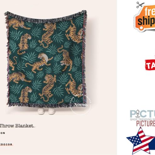 Tiger Jungle Woven Throw Blanket Green Botanical Home Decor Tropical Bedding Animal Blanket