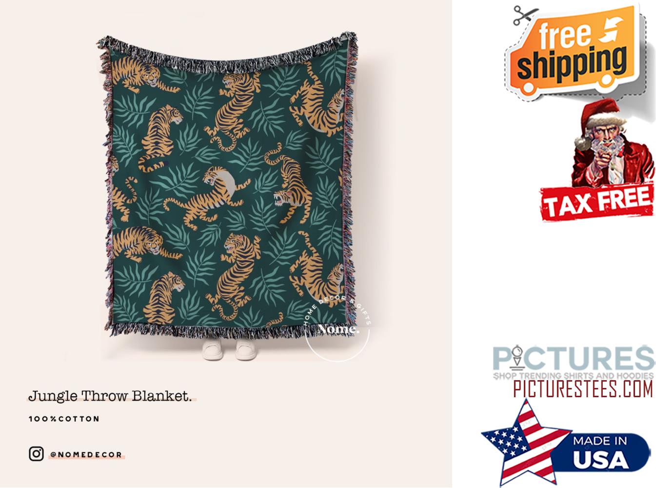 Tiger Jungle Woven Throw Blanket Green Botanical Home Decor Tropical Bedding Animal Blanket