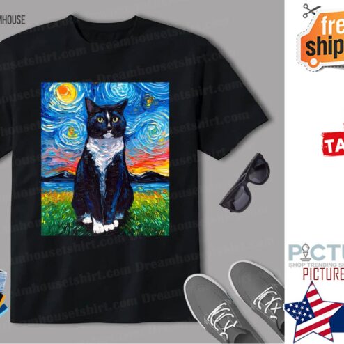 Tuxedo Black And White Cat Starry Night Art By Aja Premium Shirt
