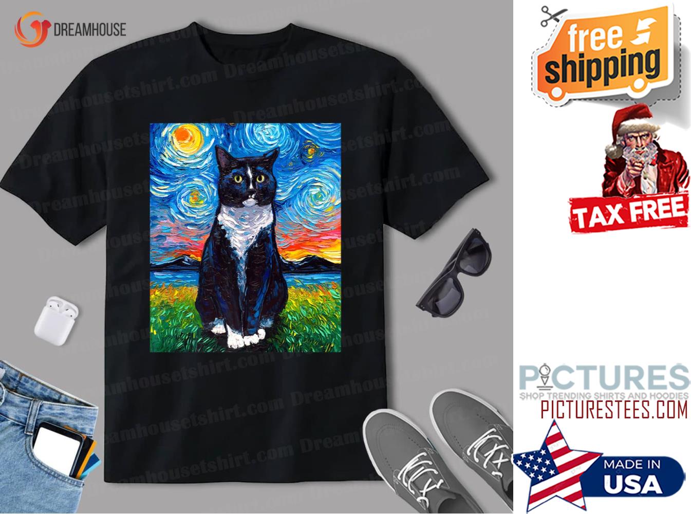 Tuxedo Black And White Cat Starry Night Art By Aja Premium Shirt