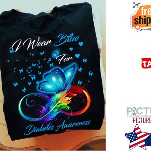 Butterfly feather I wear blue for Diabetes Awarness LGBT shirt