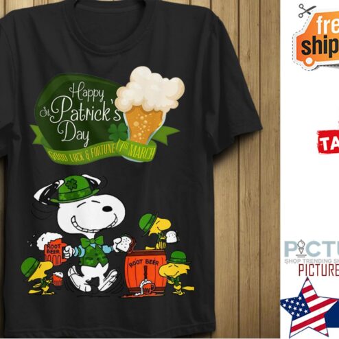 Happy St Patrick's day  Snoopy and Woodstock Drinking beer good luck and fortune 17th March Shamrock shirt