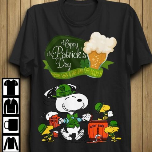 Happy St Patrick's day  Snoopy and Woodstock Drinking beer good luck and fortune 17th March Shamrock shirt