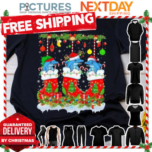 Dolphin in Xmas socks lights ugly Christmas shirt