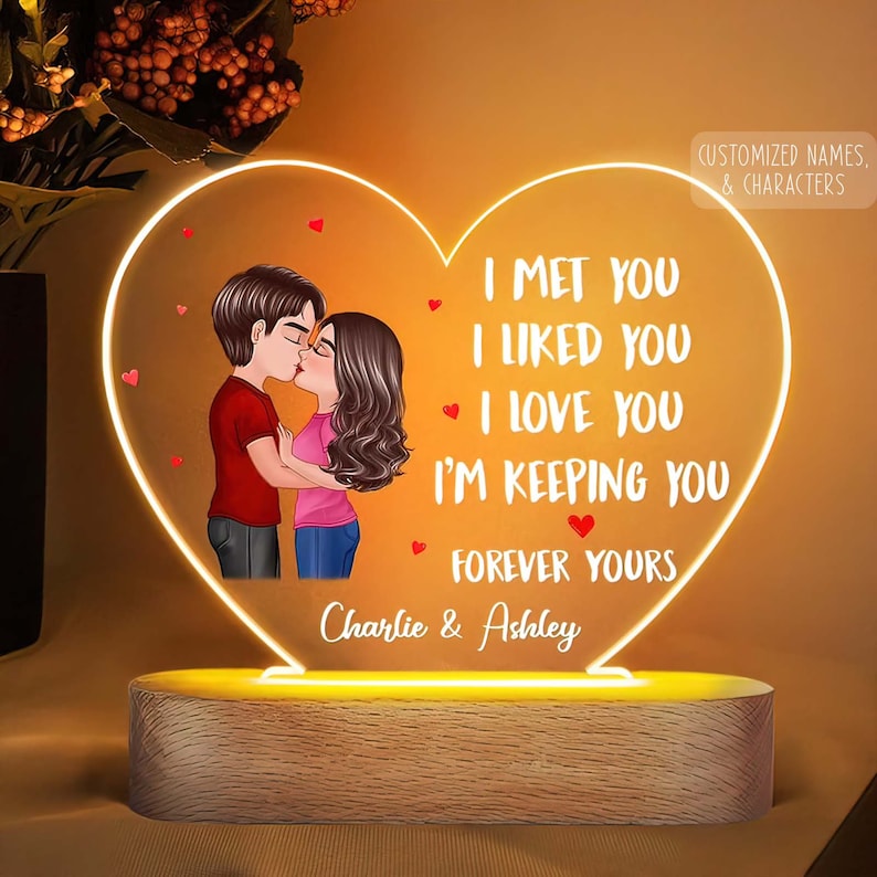 Personalized Kissing Couples I met You I like You I love you i'm keeping you forever yours custom names Valentine's day Night Light