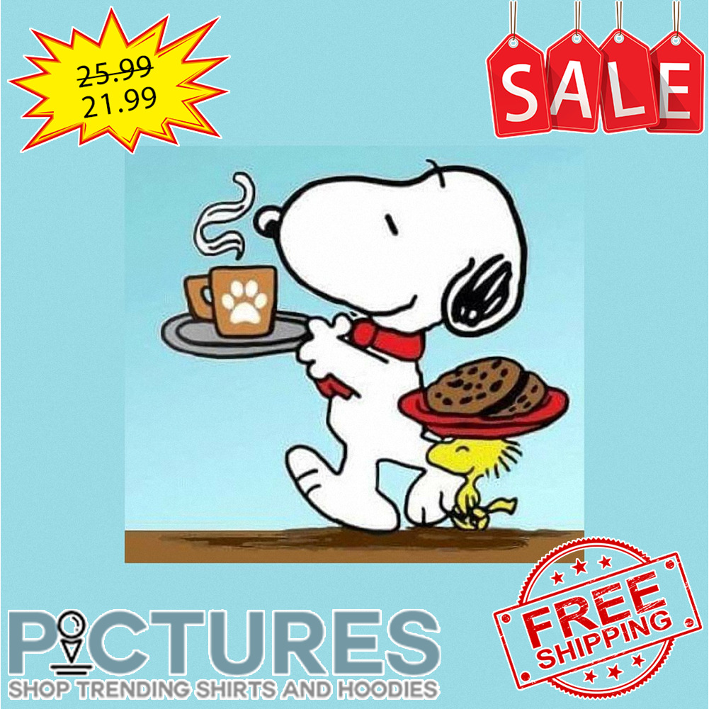 Snoopy and Woodstock drink coffee and eat cookies shirt