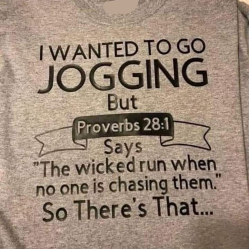 I wanted to go Jogging but proverbs 25-1 says the wicked run when no one is chasing them so there's that shirt