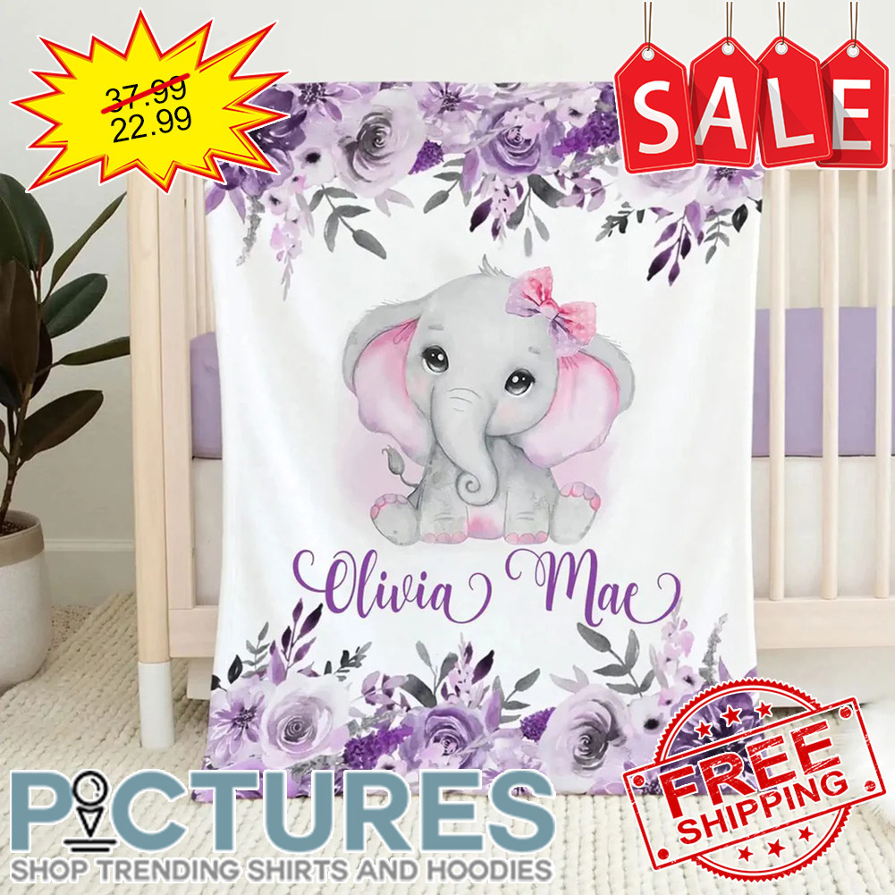 Personalized Elephant Baby Girl Floral Custom name Blanket