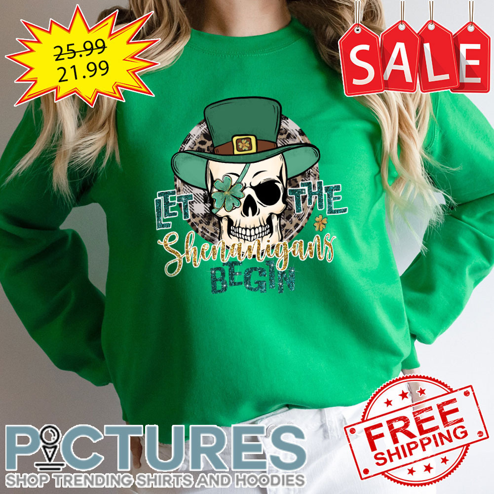 Skull Leopard Let The Shenanigans Begin Irish Green Glitter Shamrocks St Patrick's Day shirt