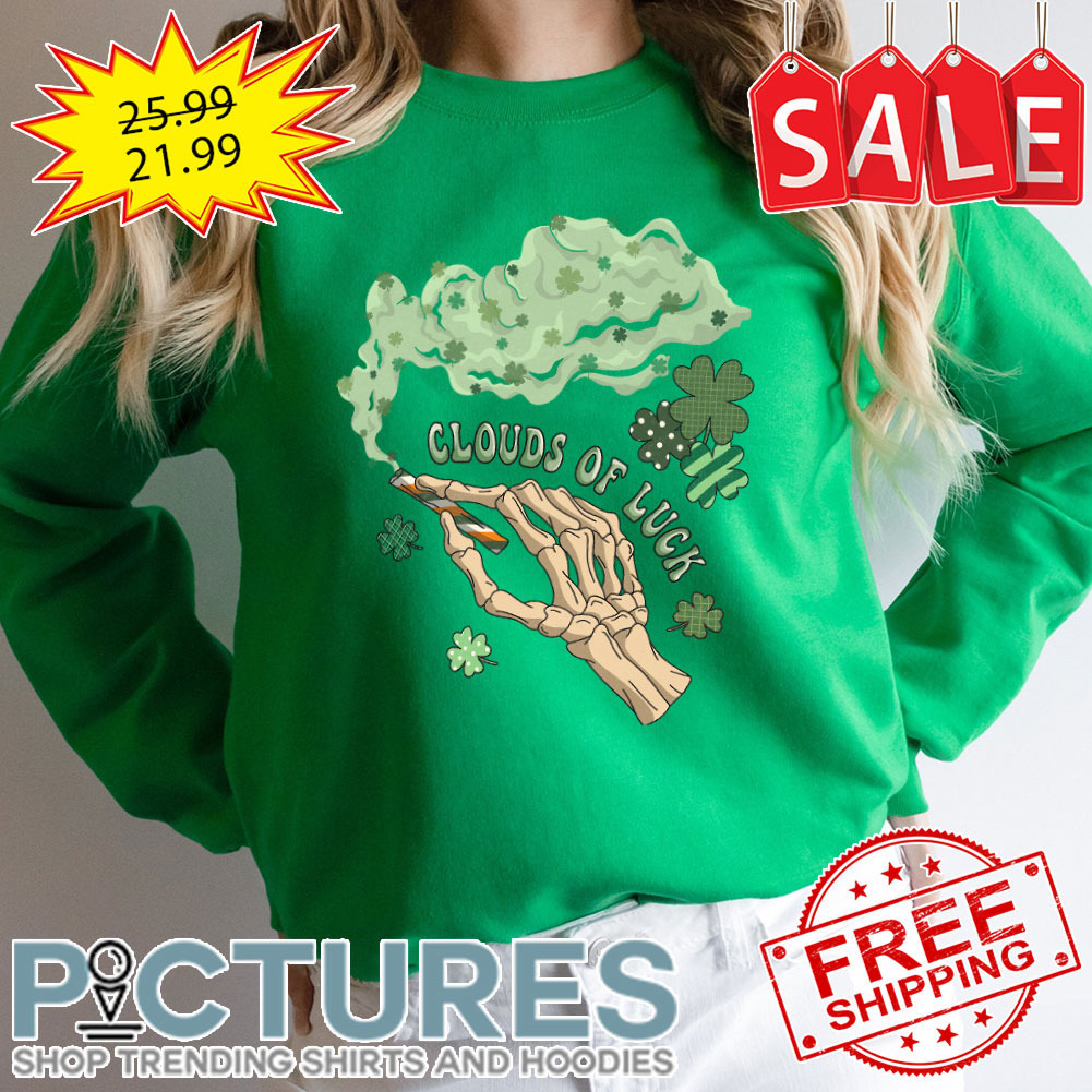 Smoking Skeleton Clouds Of Luck Irish Green Shamrocks St Patrick's Day shirt