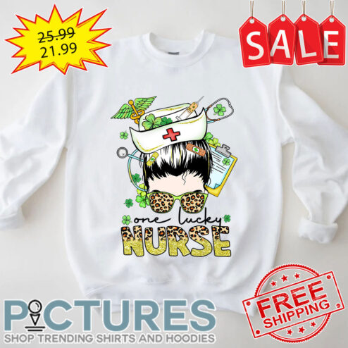 Messy Bun Leopard Glasses Shamrock One Lucky Nurse St Patrick's Day shirt