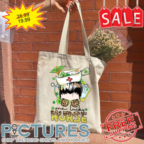 Messy Bun Leopard Glasses Shamrock One Lucky Nurse St Patrick's Day Tote bag