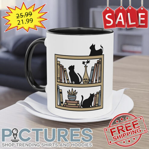 Book Lover Cats On Bookshelf Mug