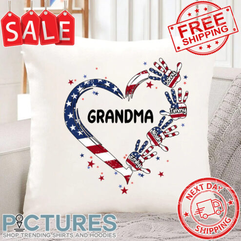 Personalized Grandma Heart American Flag Hands Grandkids Canvas Pillow
