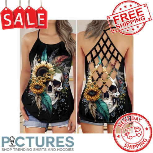 Skull Sunflower Feathers Vintage Criss Cross Open Back Tank