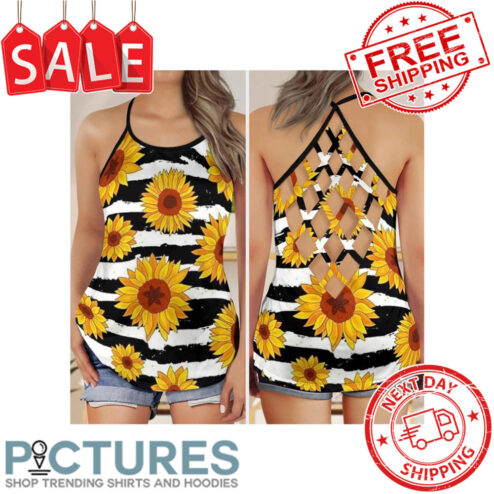 Sunflower American Flag Black And White Vintage Criss Cross Open Back Tank