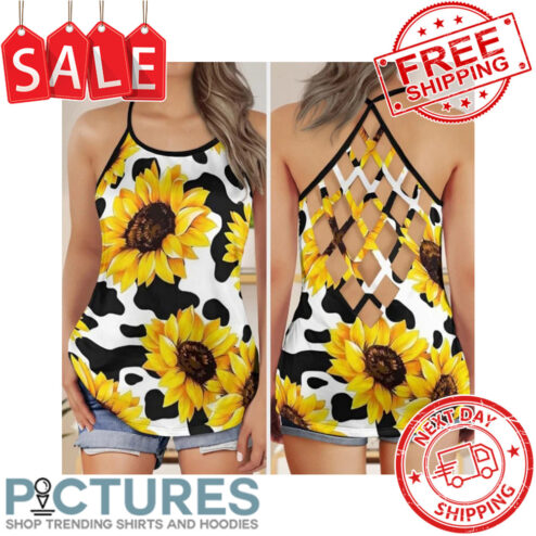Sunflower Background Cow Milk Criss Cross Open Back Tank