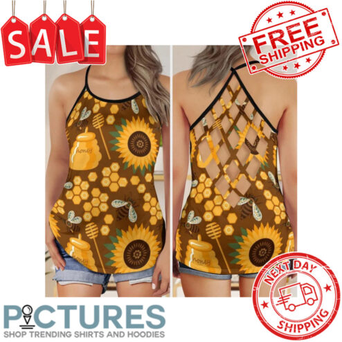 Sunflower Bee Honey Art Criss Cross Open Back Tank