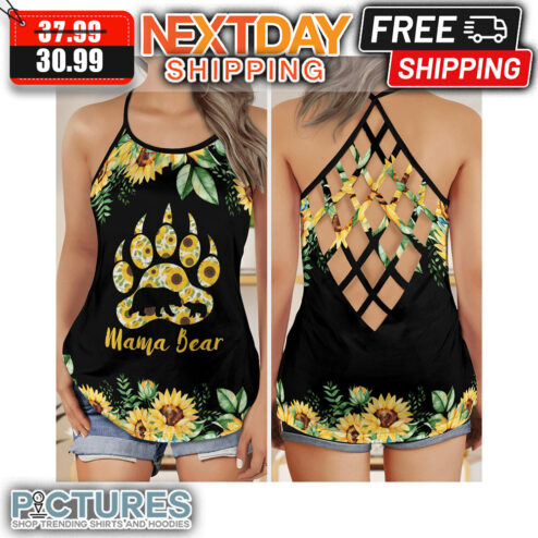 Sunflower Mama Bear Mother's Day Criss Cross Open Back Tank Top