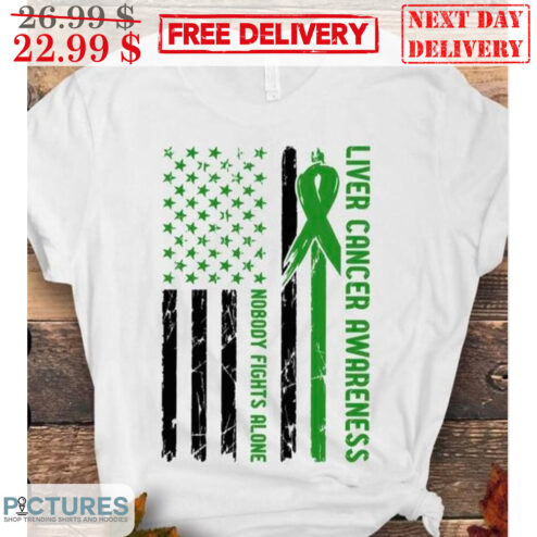 Liver Cancer Awareness Nobody Fights Alone American Flag Shirt