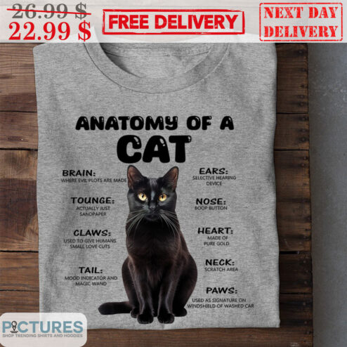 Black Cat Anatomy Of A Cat Brain Ears Touge Nose Claws Heart Tail Neck Paws Shirt