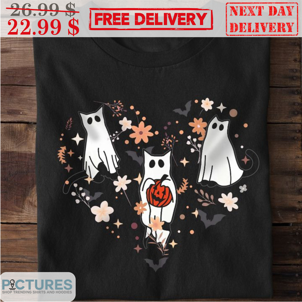Ghost Cat Cute Halloween 2023 Heart Floral Shirt