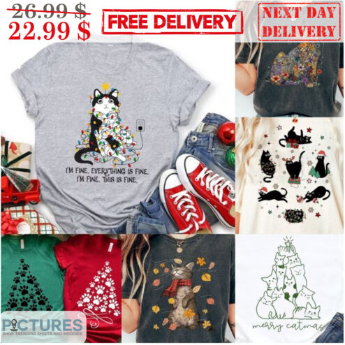 Cat I'm Fine Everything Is Fine I'm Fine This Is Fine Christmas Shirt