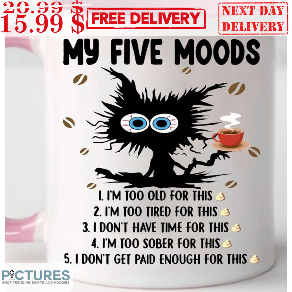 My Five Moods I'm Too Old For This I'm Too Tired Cat Mug