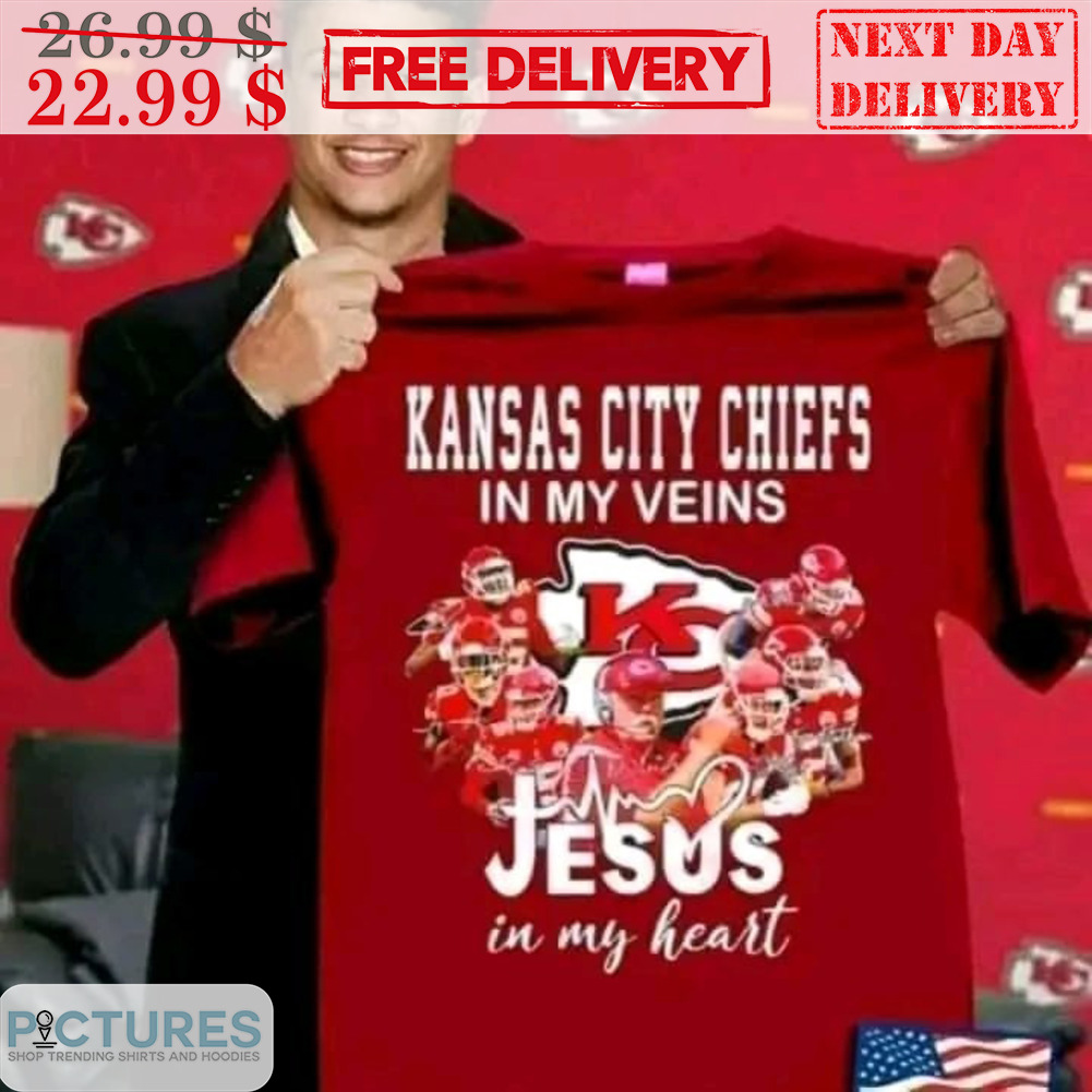 Wear Your Heart on Your Sleeve (and Your Fandom, Too!) 3 Kansas City Chiefs In My Veins Jesus In My Heart Shirt
