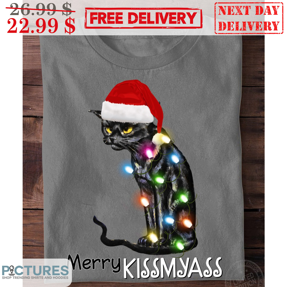 Black Cat Merry Kissmyass Christmas Fun Shirt
