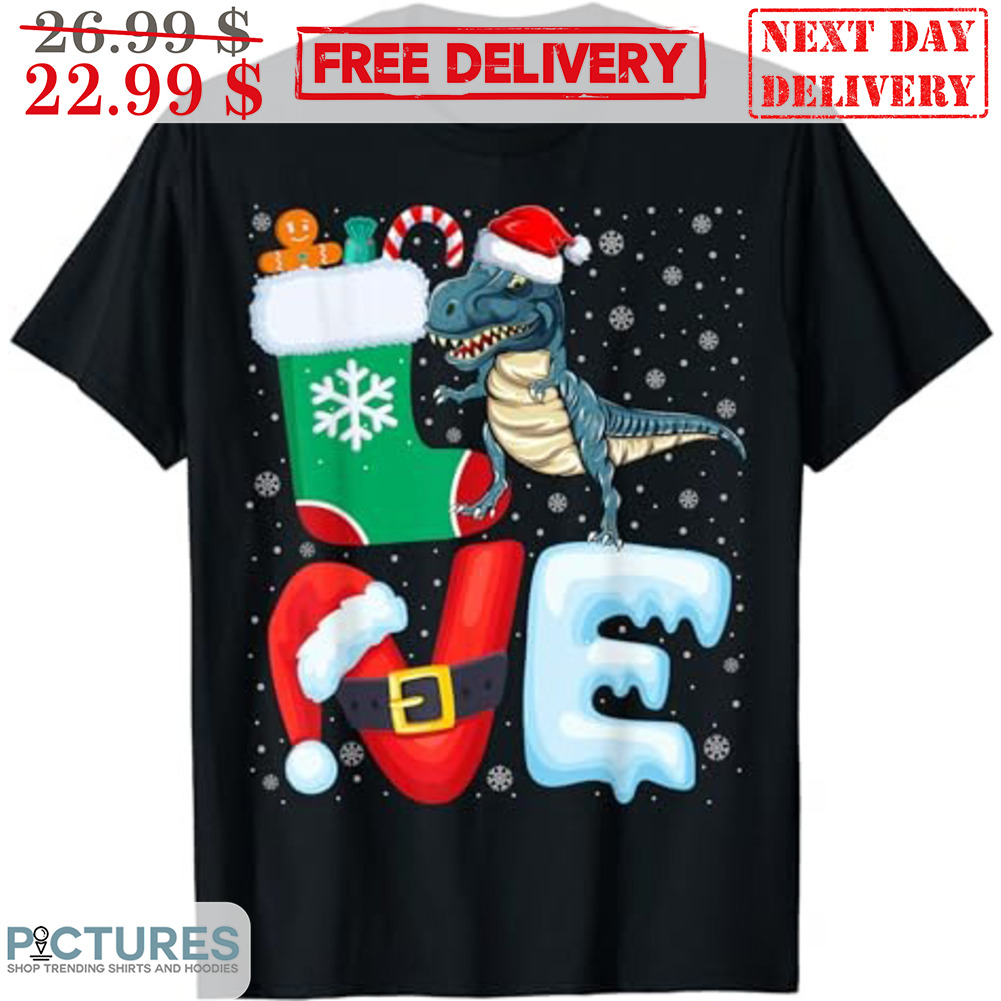 T-Rex Santa Hat Socks Snow Christmas Shirt
