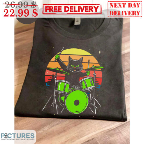 Black Cat Playing Drums Drummer Vintage Retro Shirt