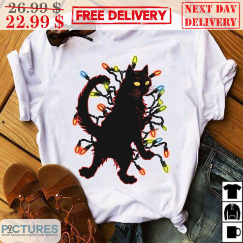 Black Cat Standing With Christmas String Lights Shirt