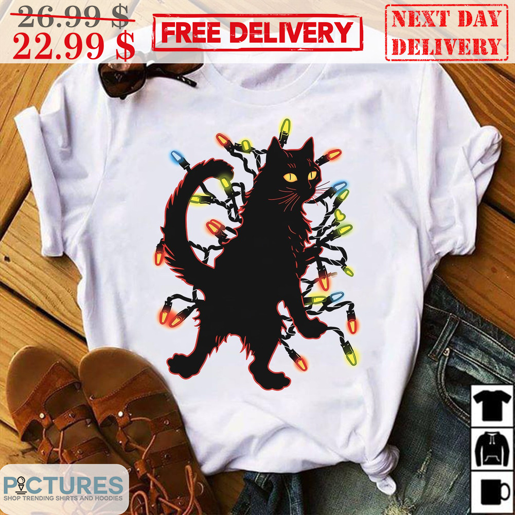 Black Cat Standing With Christmas String Lights Shirt