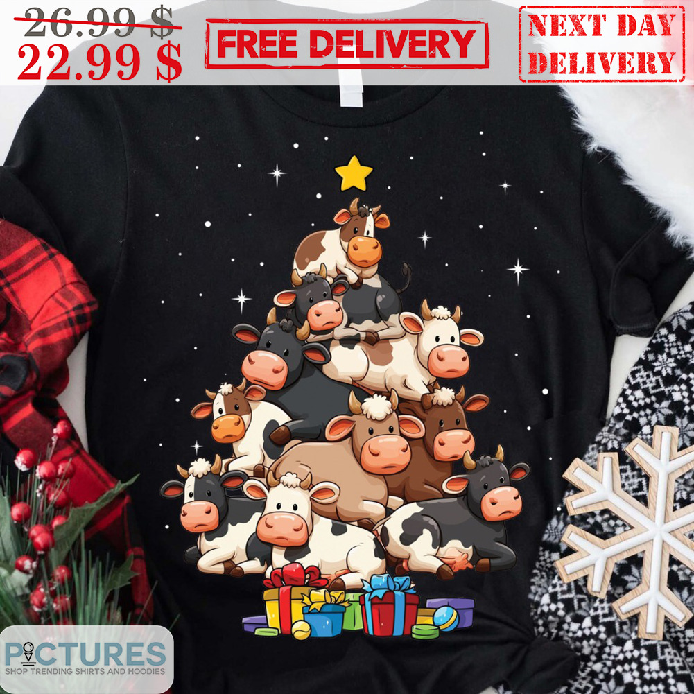 Cows Pine Tree Merry Christmas Cute Shirt