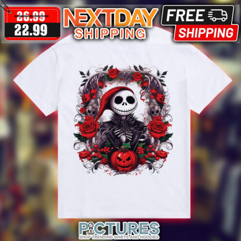 Jack Skellington Santa Hat Roses Pumpkin Shirt