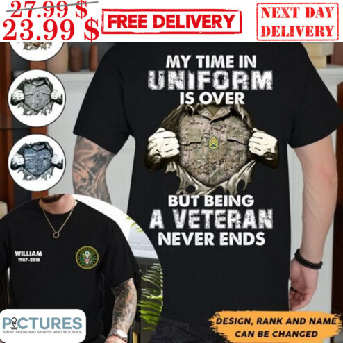 Custom My Time In Uniform Is Over But Being A Veteran Never Ends Shirt