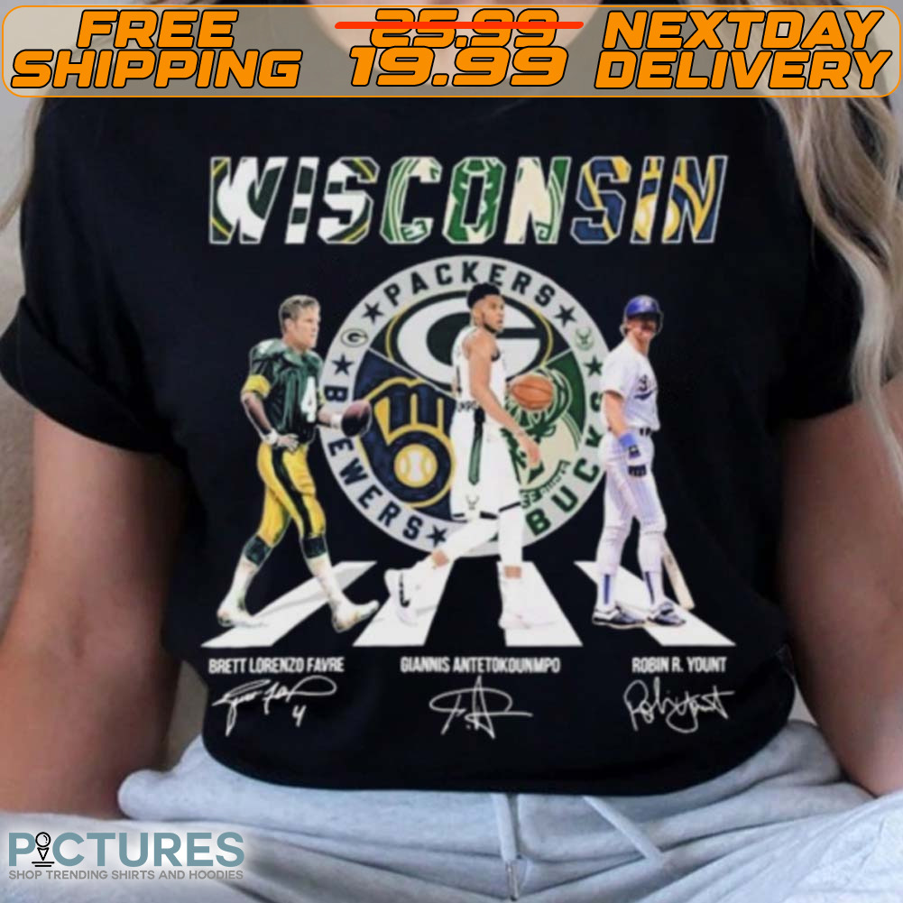 Wisconsin Sports Teams Abbey Road Brett Lorenzo Favre Giannis Antetokounmpo And Robin Yount Signatures Shirt